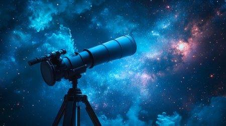 Astronomy concept with a telescope pointed toward a starry sky, galaxies visible in the distance, and a wide area for text.の素材