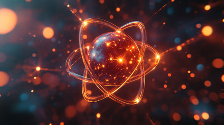 3D render of an atom with electrons orbiting a nucleus, glowing lines and dots, and a large space for copy text.の素材