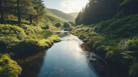 Peaceful river flowing through a green valley, forested hills in the distance, and a clear area of water or sky for copy space.の素材