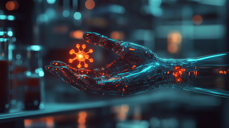 Futuristic robotic hand holding a glowing molecule, with a blurred background of lab equipment and space for copy.の素材