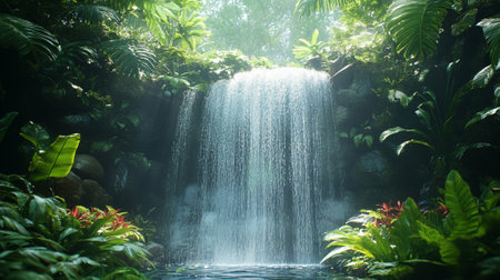 Rainforest waterfall with exotic plants and soft mistの素材