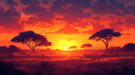 Sunset over a vast savannah with silhouetted acacia treesの素材
