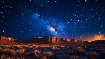 Starry night over a calm desert landscapeの素材