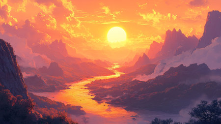 Peaceful canyon with a winding river and warm sunset tonesの素材