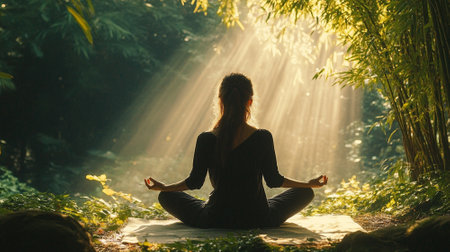 A serene outdoor meditation session in a bamboo forest with soft sunlightの素材