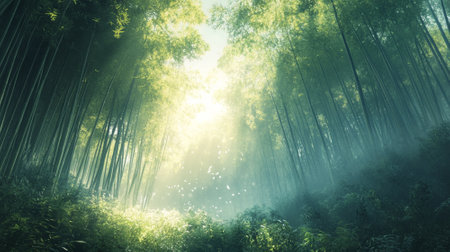 Quiet bamboo forest with soft light and peaceful ambianceの素材
