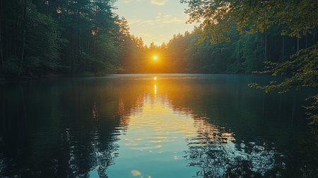 Sunset reflecting off calm lake waters surrounded by treesの素材