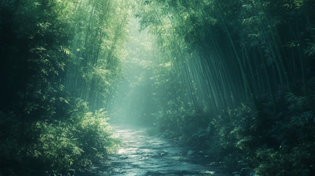 Quiet bamboo forest with soft light and peaceful ambianceの素材