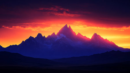 Silhouetted mountain peaks against a fiery sunset skyの素材