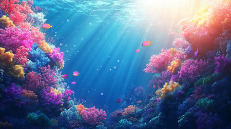 Serene coral reef underwater with colorful fish and sunlight raysの素材