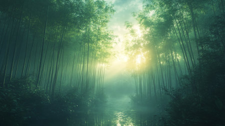 Quiet bamboo forest with soft light and peaceful ambianceの素材