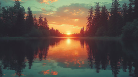Sunset reflecting off calm lake waters surrounded by treesの素材