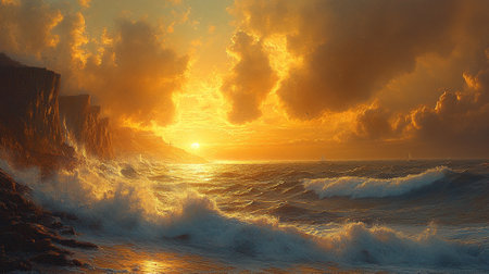 Rocky cliffs by the sea with waves crashing under a golden skyの素材