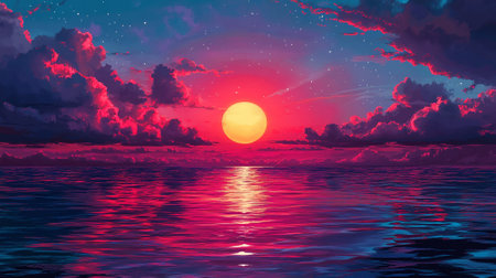 Sunset over a calm sea with glowing reflections on the waterの素材