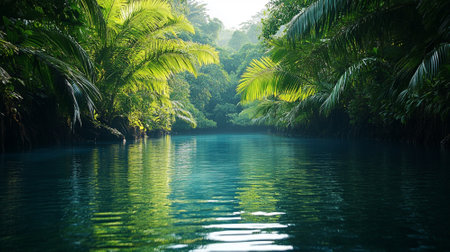 Quiet tropical lagoon surrounded by lush green foliageの素材