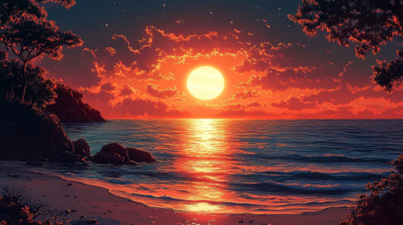 Sunset over a calm sea with glowing reflections on the waterの素材