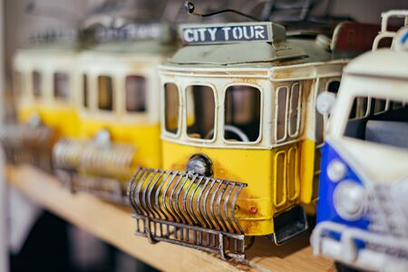 Yellow toys vintage train on the shelf.の写真素材