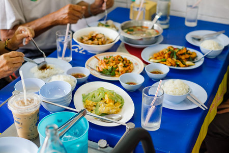 Table full with thai foodの写真素材