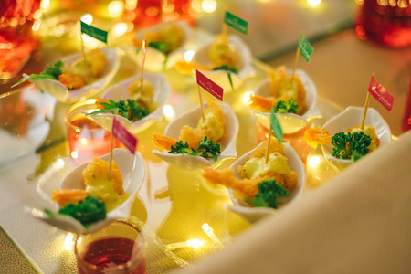 Shrimp cocktail in spoon on the tableの写真素材