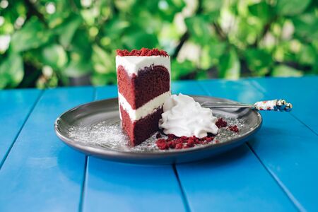 Red velvet cake with whipping creamの写真素材