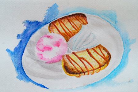 hand drawn watercolor illustration with different colors of a Shokupan mini loaf toast splitの写真素材