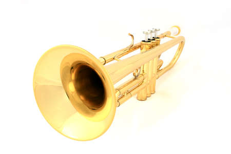 Gold lacquer trumpet with mouthpiece isolated on whiteの写真素材