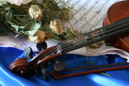 Old violin and sere roses on blue satin の写真素材
