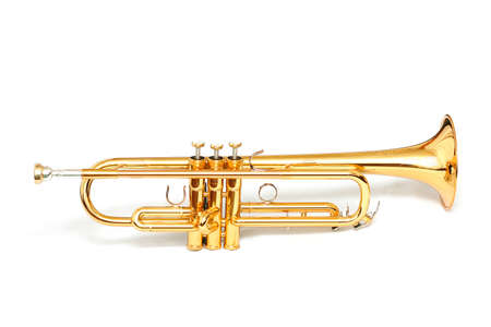 Gold lacquer trumpet with mouthpiece isolated on whiteの写真素材