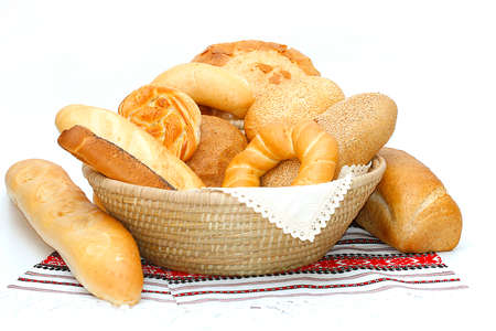 Bread, loaf, cake, baton, crescent on white 