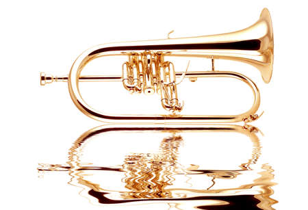 Silver fluegelhorn with mouthpiece isolated on whiteの写真素材