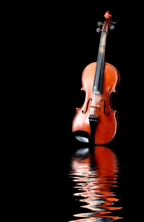 Old wooden violin reflecting in water wavesの写真素材