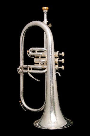 wet fluegelhorn with golden mouthpiece isolated on black with water drops on itの写真素材