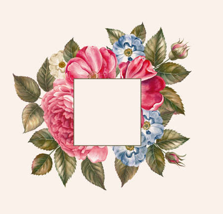 Illustration of red rose frame in the shape of circle. Retro frame from roses, painted in watercolor style.の写真素材