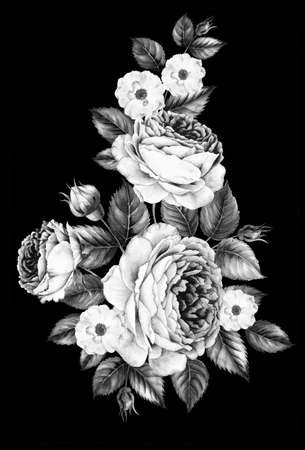 Bouquet of rose. Invitation card for wedding, birthday and other holiday and summer background. Botanical illustration.の写真素材