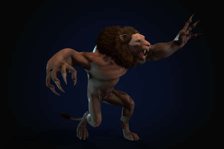 Fantasy character Humanoid Lion in epic pose - 3D render on black backgroundの写真素材
