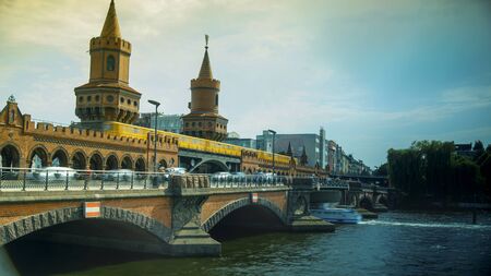 BERLIN, GERMANY - circa 2016: A panoramic view of Berliner U-Bahn with Bridge Oberbaumbrueckeのeditorial素材