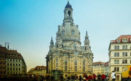 DRESDEN, GERMANY circa 2016: Street views in Dresden historic center with Frauenkirche Cathedral church. Dresden is the capital city of the Free State of Saxony.のeditorial素材