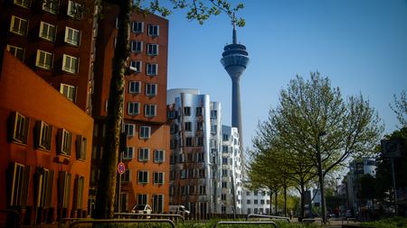DUESSELDORF, GERMANY - circa 2016: The new Medienafen is a redevelopment area in the former docklands and harbour with buildings designed by Steven Holl, David Chipperfield and Frank O Gehryのeditorial素材