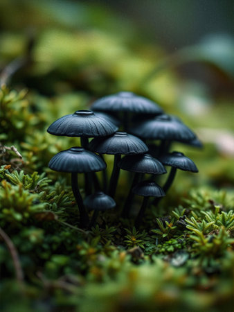 Black mushrooms in the forest. Selective focus. Shallow depth of field.の素材
