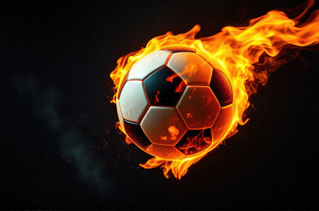 Soccer ball in fire flames on black background. 3d illustrationの素材