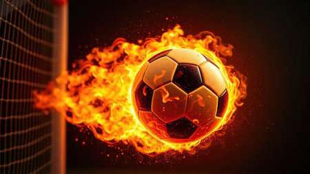 Soccer ball in the fire on the black background. 3d illustrationの素材