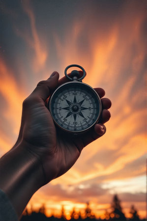 Man's hand holding a compass against the background of a beautiful sunsetの素材