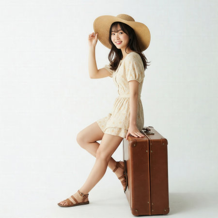 Young asian woman with a suitcase on white background, vintage toneの素材