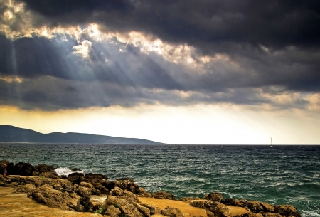 Sailboat surfing Mediterranean sea in Croatia の写真素材