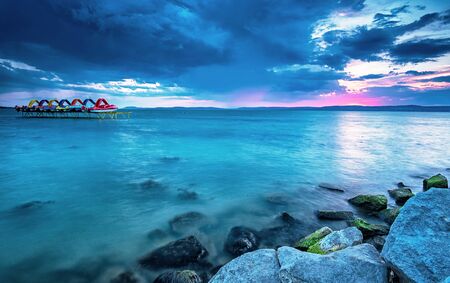 Lake Balaton with a very nice sunset at summerの写真素材