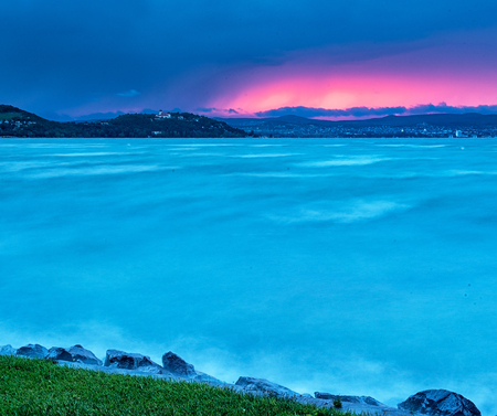 Colorful sunset over lake Balatonの写真素材