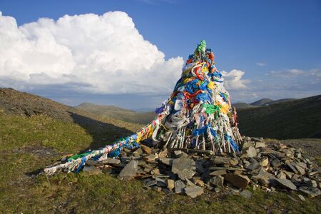 Buddhist flag in  mountains.の写真素材