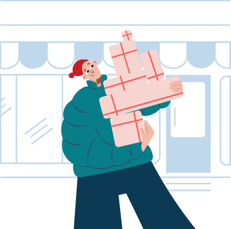 Preparation for the holidays. A man carries gifts for the whole family for Christmas, New Year or other holidays. Vector illustration with background.のイラスト素材