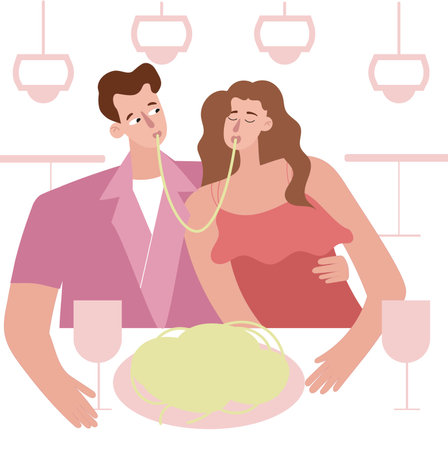Date in a restaurant. Romantic couple eating pasta and drinking wine.のイラスト素材