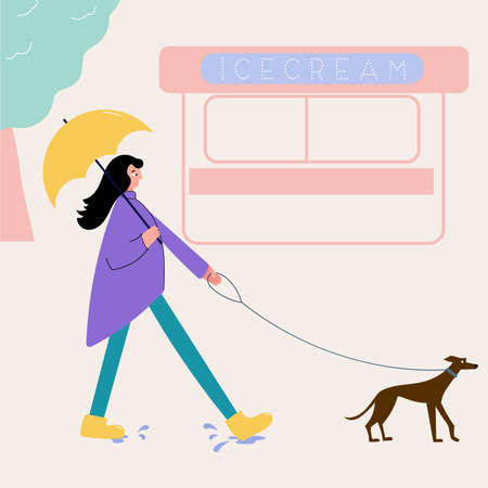 young woman with umbrella walking the dog in rainy weatherのイラスト素材
